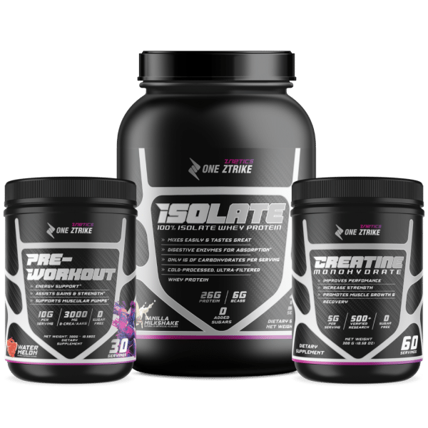 One Ztrike Pro-Performance Stack protein isolate vanilla, creatine monohydrate, Pre-workout watermelon